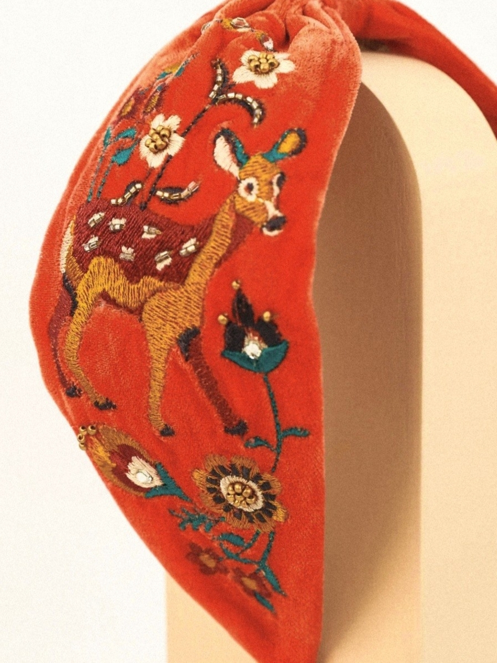 NWT Powder Embroidered Velour Fawn In A Meadow Whimsical Burnt Orange Headband